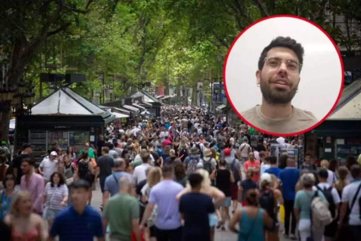 Muntatge amb rambla de Barcelona plena de gent passejant i cercle vermell amb el tiktoker Alejandro Mesa
