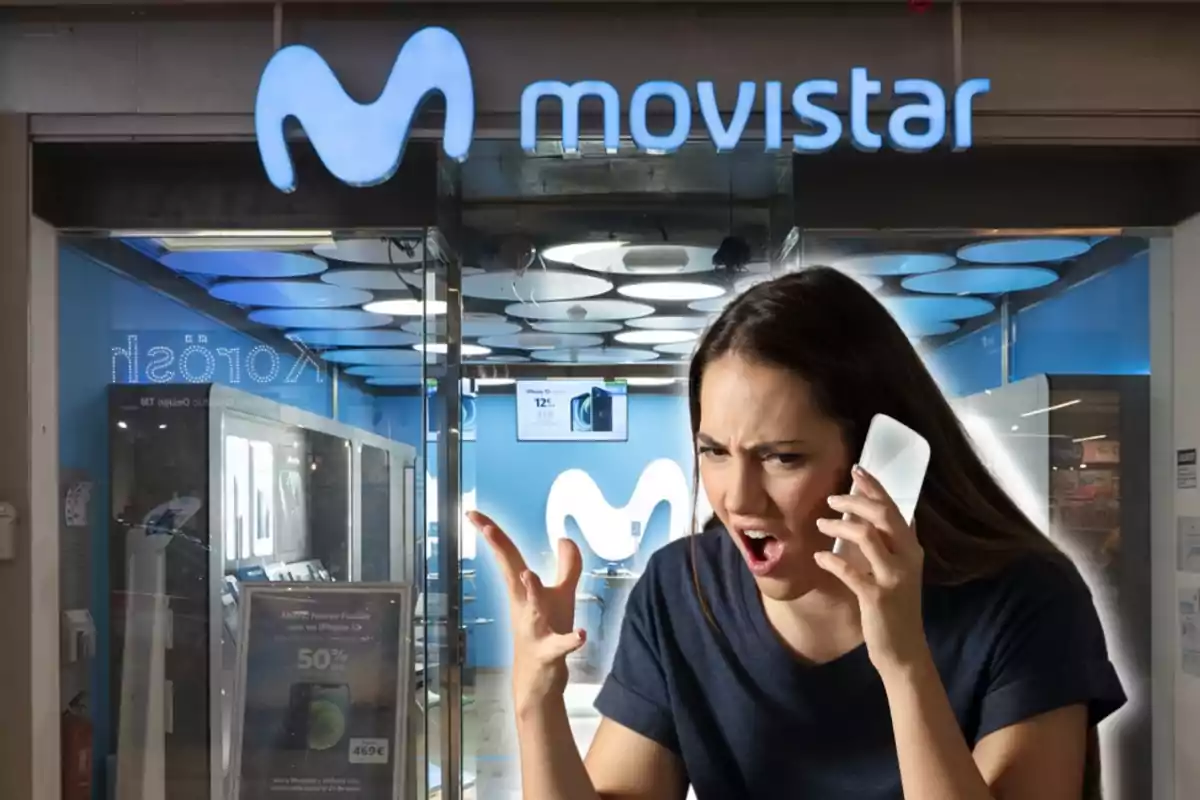 Dona molesta parlant per telèfon davant d'una botiga de Movistar.