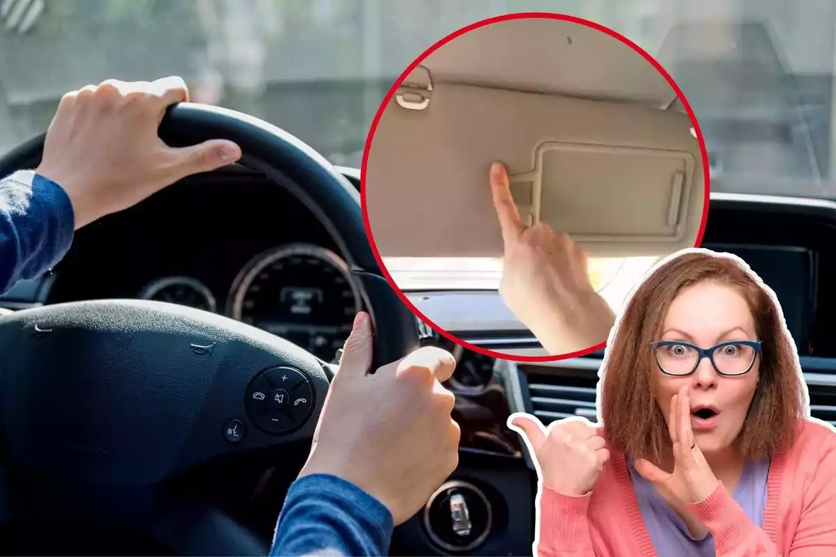 Imatge de fons d´una persona conduint un cotxe, vist des de l´interior, una altra d´una mà assenyalant un para-sol de cotxe i una altra d´una dona amb gest de sorpresa