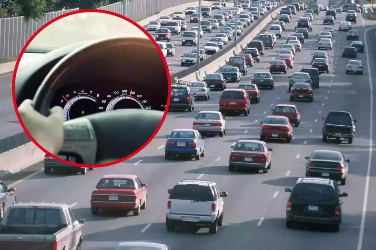 Imatge de fons d'una carretera amb molts cotxes circulant-hi, i una altra imatge d'un velocímetre d'un cotxe