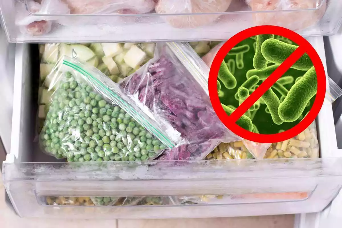 congelador obert amb aliments congelats i una imatge destacada de bacteris amb el senyal de prohibit congelador obert amb aliments congelats i una imatge destacada de bacteris amb el senyal de prohibit