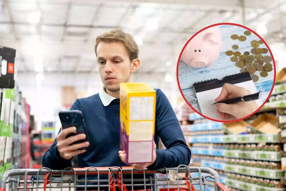 Home mirant el mòbil al supermercat mentre agafa un paquet de cereals i una imatge destacada d'una mà escrivint en una llibreta amb una guardiola al costat