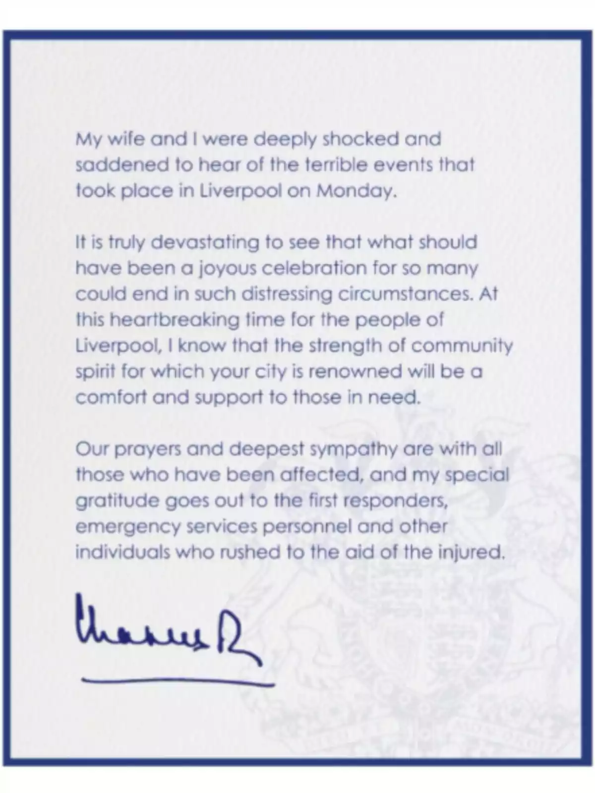 Carta amb missatge de condol i suport adreçada a la ciutat de Liverpool després d’un esdeveniment tràgic, signada al final amb una signatura manuscrita blava Carta amb missatge de condol i suport adreçada a la ciutat de Liverpool després d’un esdeveniment tràgic, signada al final amb una signatura manuscrita blava
