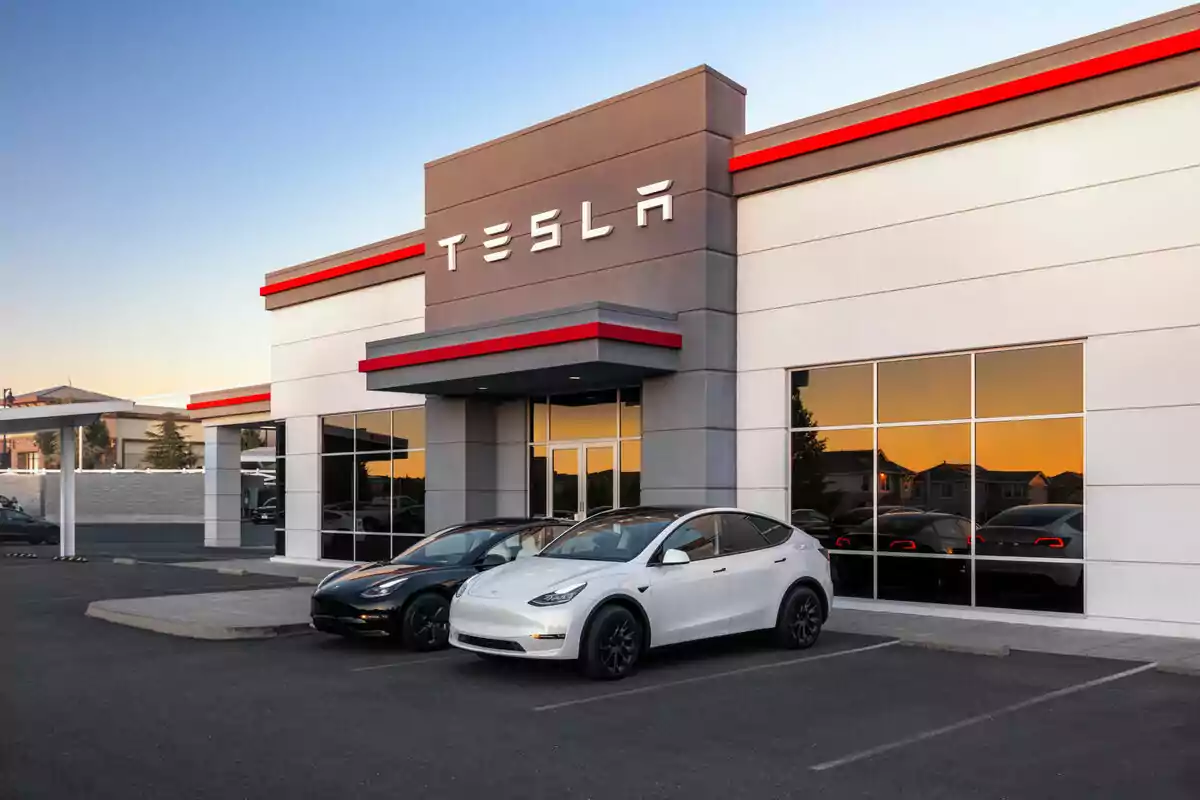 Facade of a car dealership with two electric cars parked in front. Facade of a car dealership with two electric cars parked in front.