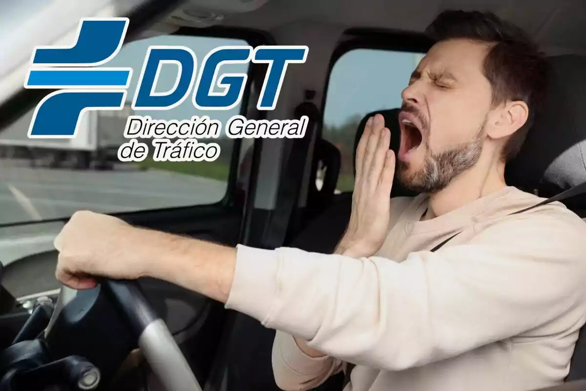 Home al volant d'un cotxe badallant amb el logo de la Direcció General de Trànsit (DGT) a la cantonada superior esquerra.