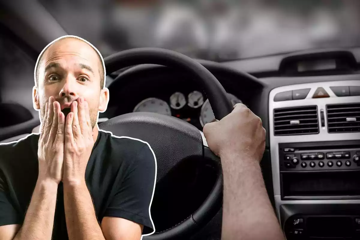 Imatge de fons d´un cotxe per dins amb un conductor a dins, amb les mans al volant, i una altra imatge d´un home sorprès