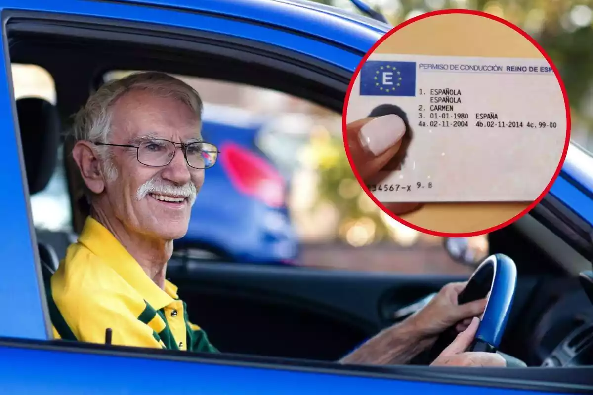 Imatge de fons d´una persona gran al volant d´un cotxe blau, i una altra imatge d´una mà sostenint un carnet de conduir