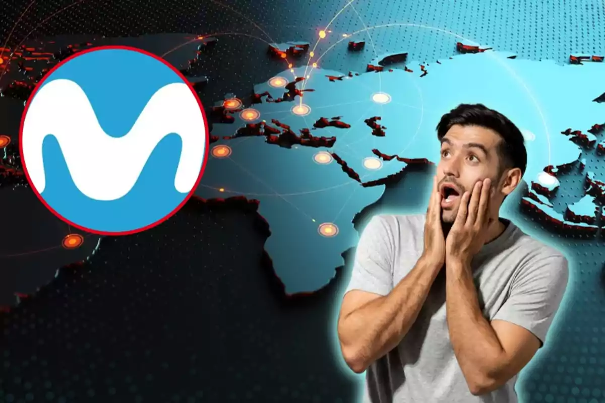 Home sorprès amb les mans a la cara davant d'un mapa mundial amb el logotip de Movistar.