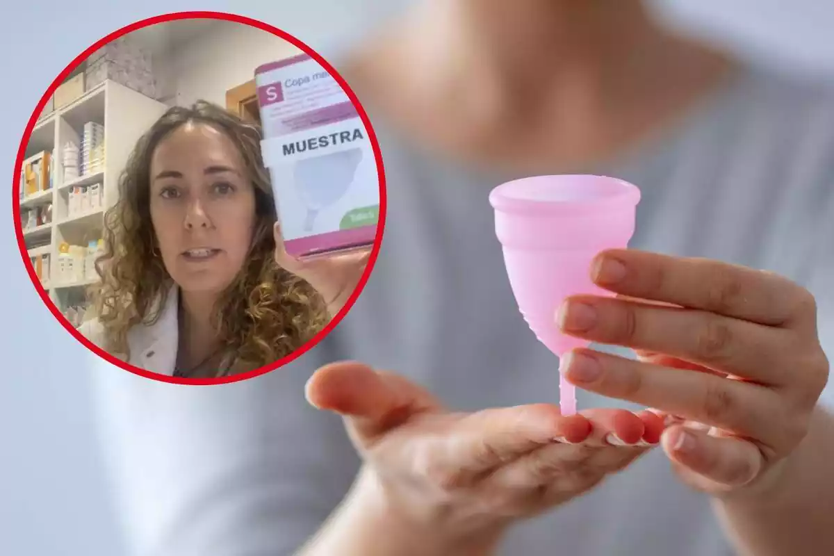 Imatge de fons d´una persona sostenint una copa menstrual i una altra d´una farmacèutica mostrant una capsa d´una copa menstrual