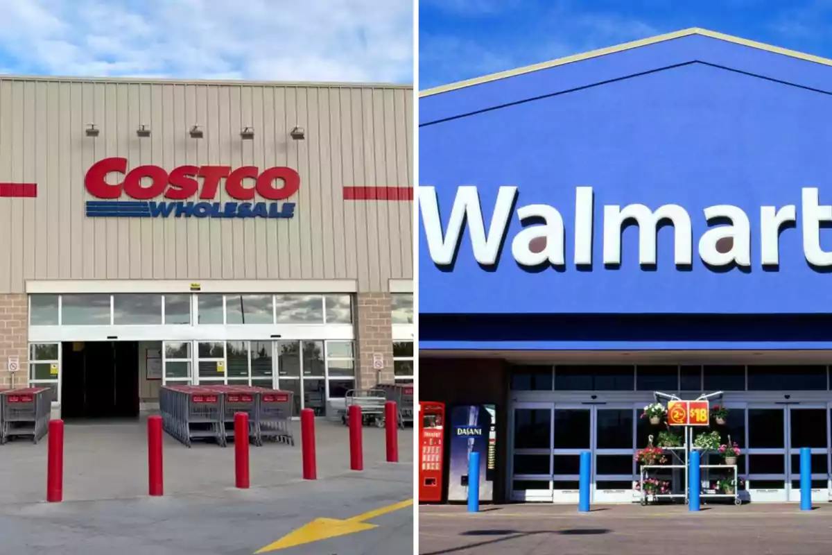 Storefronts of Costco and Walmart side by side. Storefronts of Costco and Walmart side by side.