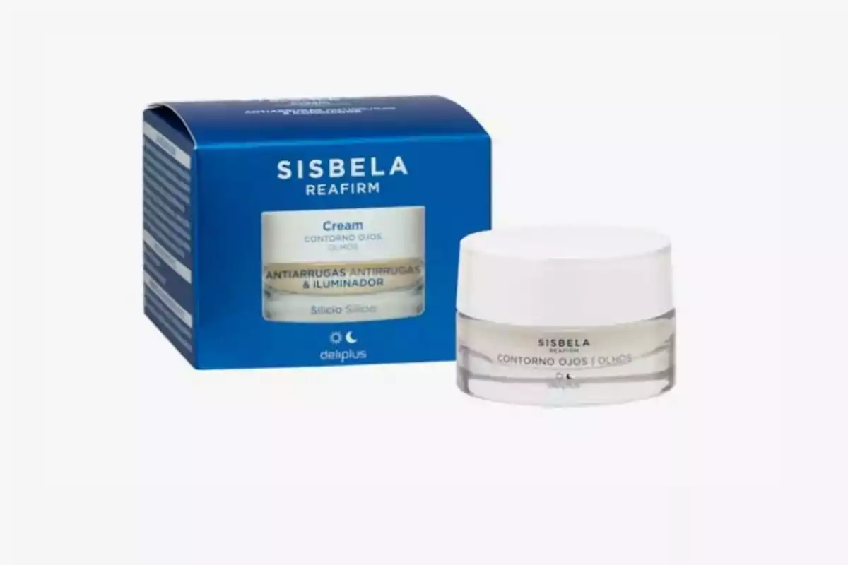 Caja y frasco de crema antiarrugas e iluminadora para el contorno de ojos de la marca Sisbela Reaffirm.