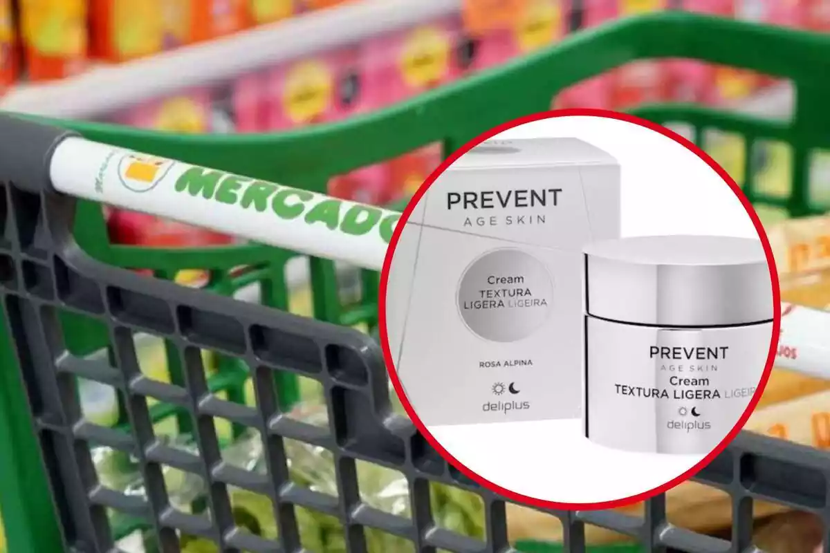Crema Prevent Ligera de Deliplus en círculo rojo sobre fondo de detalle de carro de Mercadona Crema Prevent Ligera de Deliplus en círculo rojo sobre fondo de detalle de carro de Mercadona