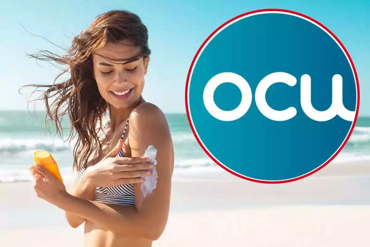 Noia fent-se crema solar i el logo de l'OCU Noia fent-se crema solar i el logo de l'OCU