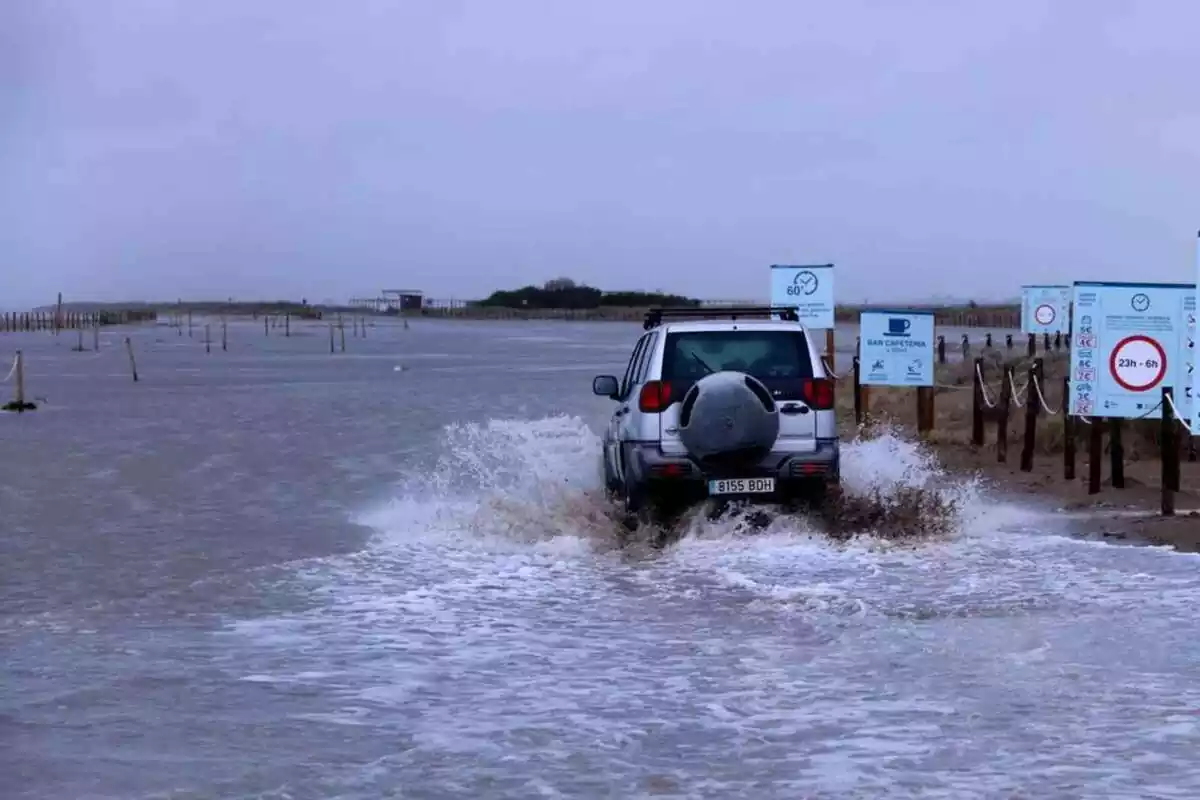 Imagen de un coche en el Trabucador, en las Terres de l'Ebre, en medio de un aguacero