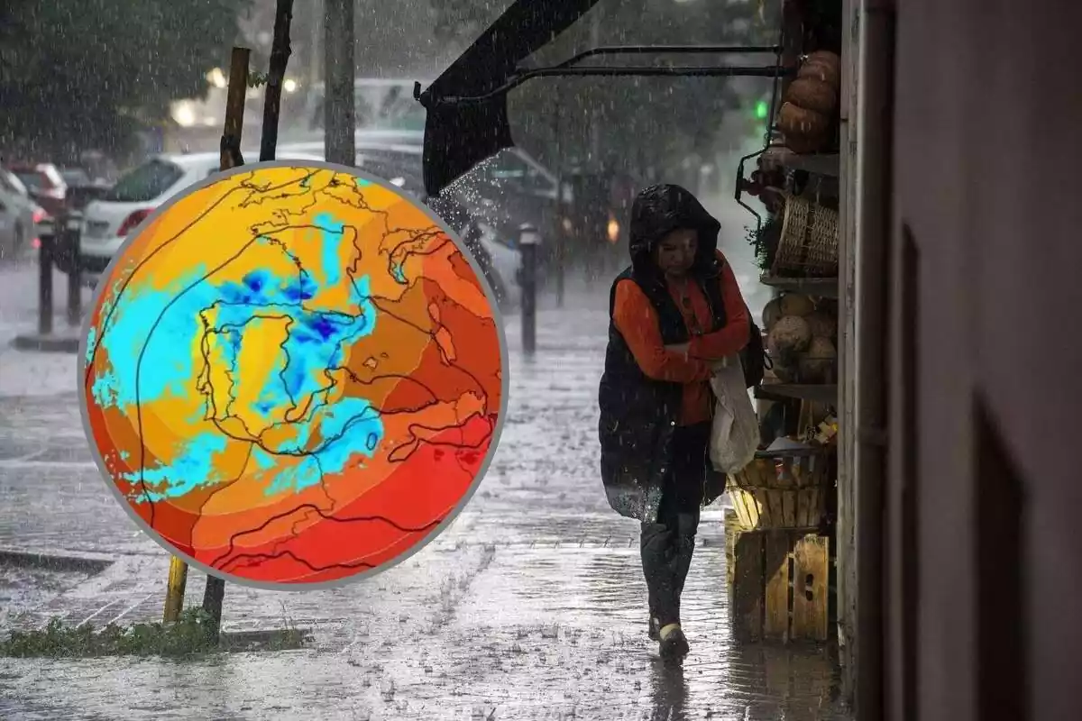 Muntatge d'una senyora pel carrer al mig de la pluja i una rodona amb mapa meteorològic