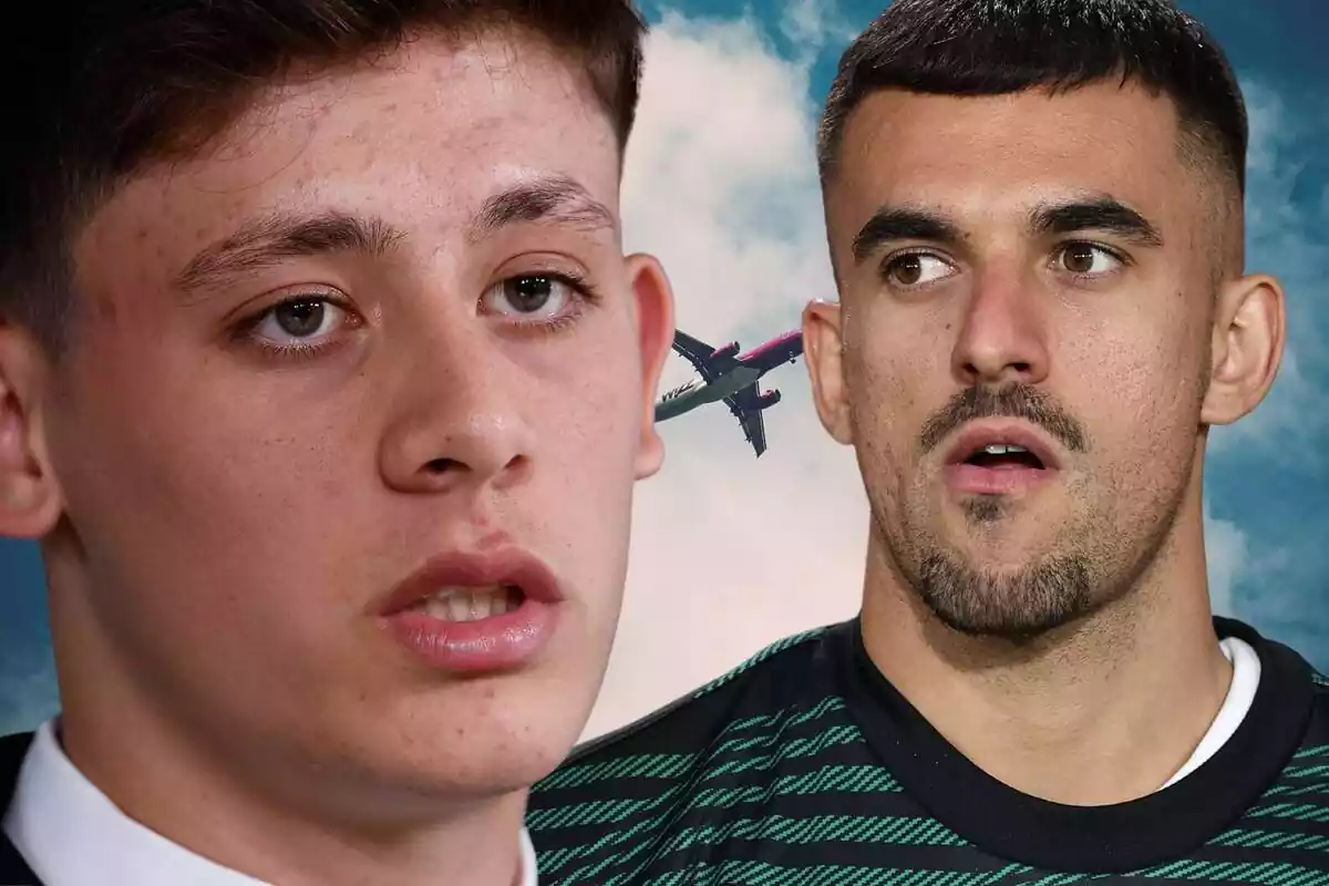 Arda Güler in the foreground with a serious face next to Dani Ceballos looking to the side with the image of an airplane in the background