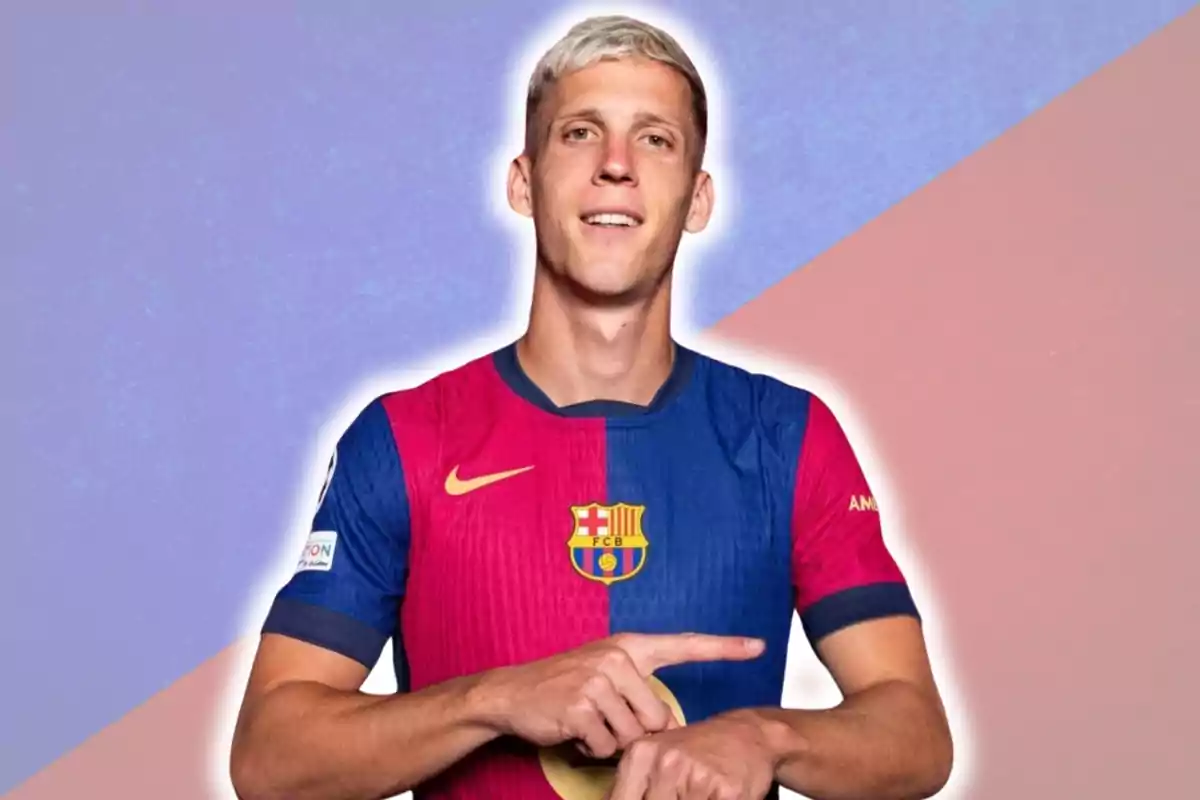 A player in the FC Barcelona uniform against a blue and pink background.
