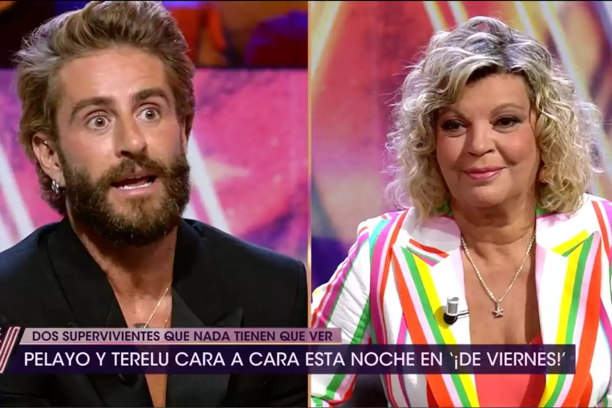 Pelayo Díaz i Terelu Campos assegudes en un programa de televisió, una d’elles amb barba i jaqueta fosca, l’altra amb els cabells rossos arrissats i jaqueta de ratlles de colors, amb un rètol a la part inferior que anuncia un cara a cara entre Pelayo i Terelu. Captura de ‘¡¡De Viernes!’ Pelayo Díaz i Terelu Campos assegudes en un programa de televisió, una d’elles amb barba i jaqueta fosca, l’altra amb els cabells rossos arrissats i jaqueta de ratlles de colors, amb un rètol a la part inferior que anuncia un cara a cara entre Pelayo i Terelu. Captura de ‘¡¡De Viernes!’