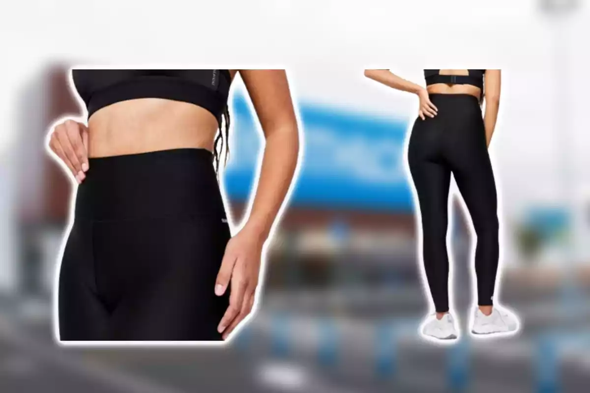 Dona vestint leggings negres de cintura alta i top esportiu en un entorn urbà.