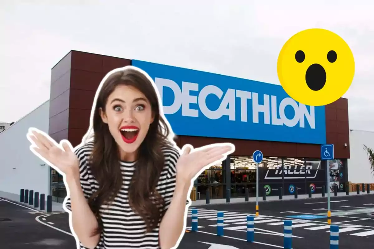 Dona emocionada davant d'una botiga Decathlon amb un emoji sorprès.