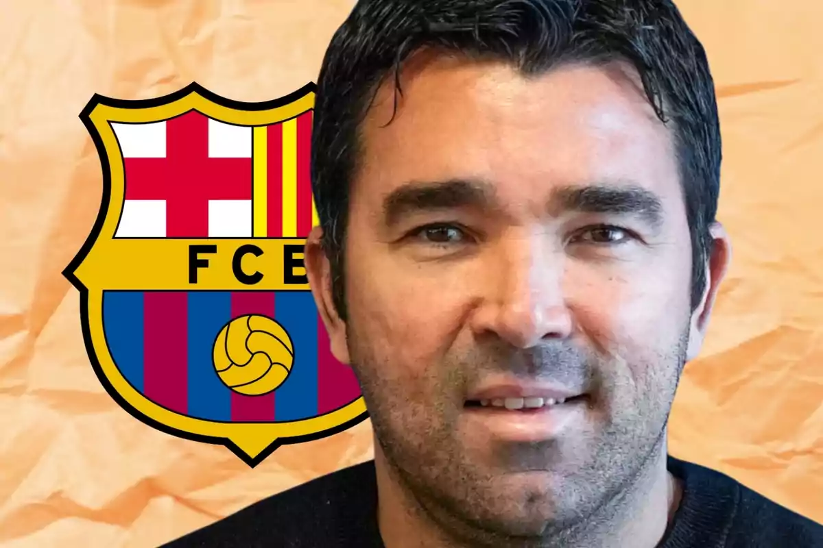 Man in front of the FC Barcelona crest on an orange background.