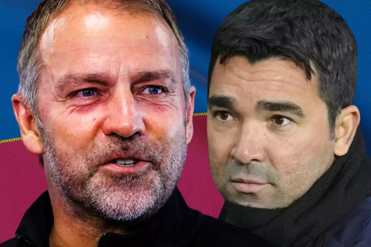 Two men looking in opposite directions with serious expressions on a colorful background. Two men looking in opposite directions with serious expressions on a colorful background.