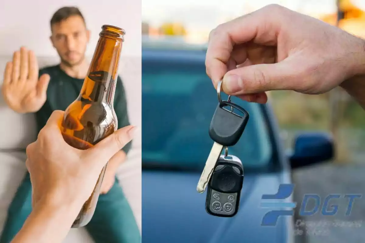 Un home rebutja una ampolla de cervesa mentre una altra mà sosté les claus d?un cotxe amb el logotip de la DGT.