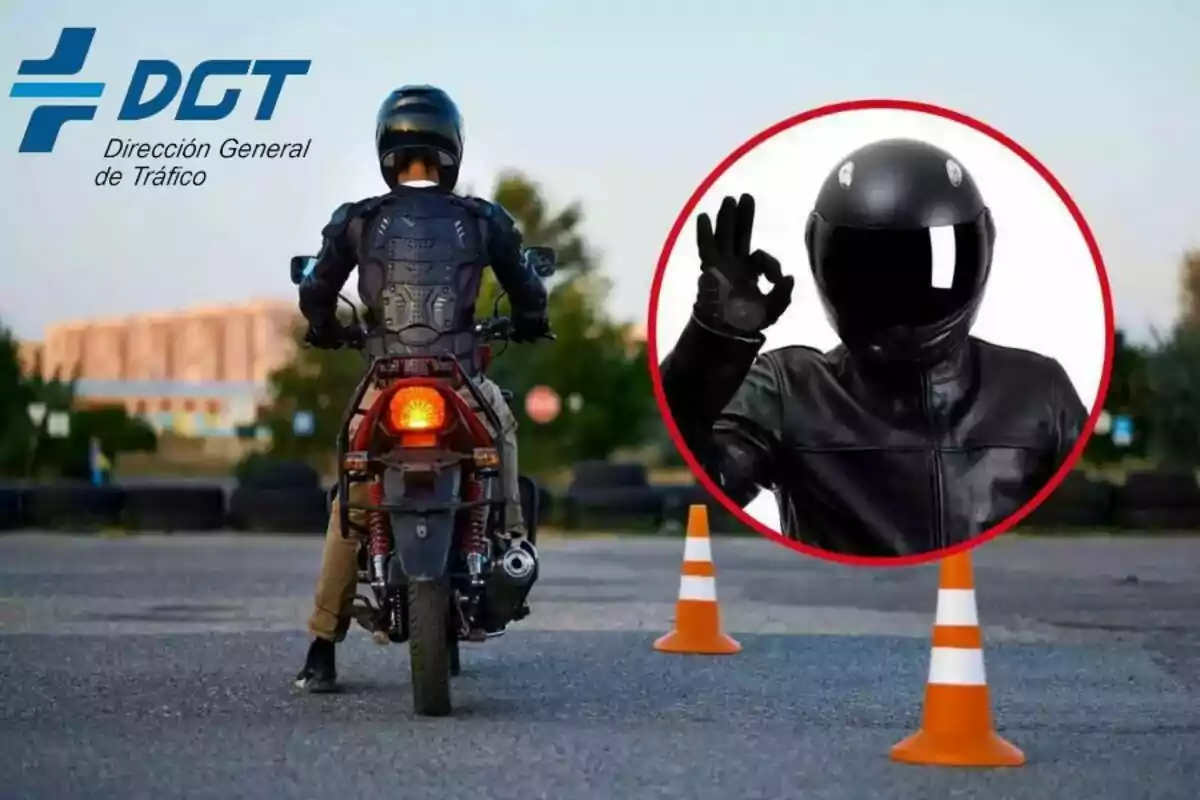 Motociclista amb equip de protecció fent una maniobra entre cons de trànsit, amb el logotip de la Direcció General de Trànsit i una imatge d'un motociclista fent un gest d'aprovació.