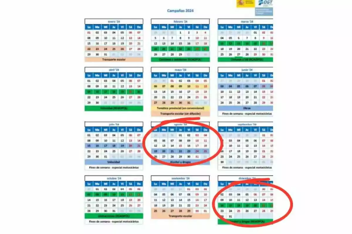 Calendari de campanyes de la DGT per a l'any 2024, amb diferents temes com ara transport escolar, velocitat, alcohol i drogues, i obres, entre d'altres.