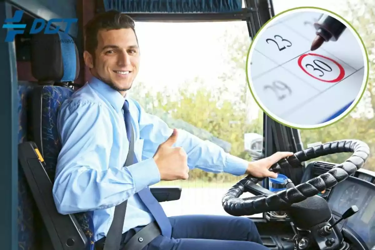 Un conductor d'autobús somrient amb polze cap amunt, amb un calendari en què està marcat el dia 30.