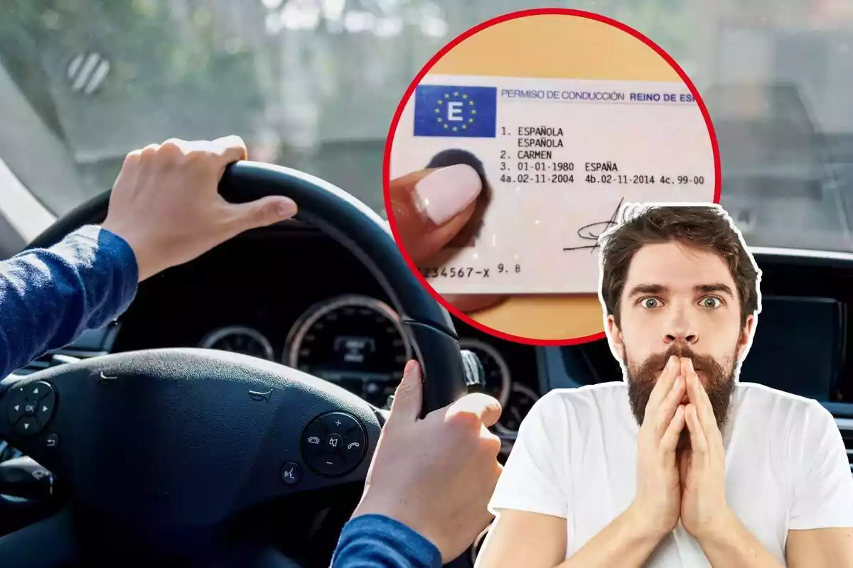 Imatge de fons d'una persona conduint, juntament amb una altra imatge d'un carnet de conduir i una altra amb gest sorprès