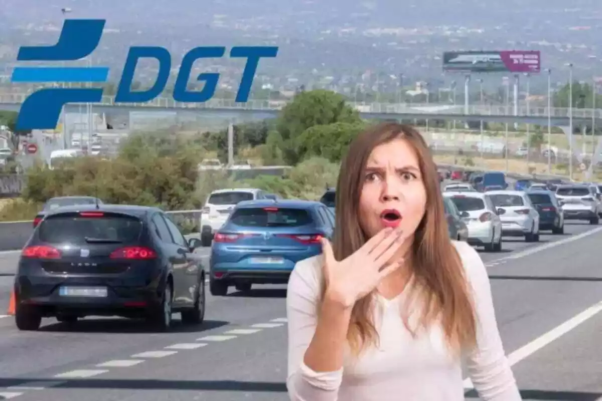 Imatge de fons de diversos cotxes circulant per una carretera amb molt de trànsit i una altra imatge d'una dona amb gest de sorpresa