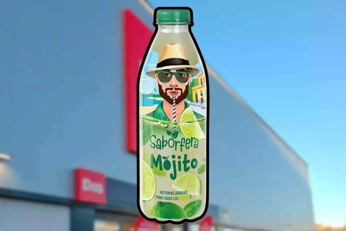 Ampolla de beguda amb gust de mojito amb una il·lustració d’un home amb barret i ulleres davant d’un fons de supermercat desenfocat Ampolla de beguda amb gust de mojito amb una il·lustració d’un home amb barret i ulleres davant d’un fons de supermercat desenfocat