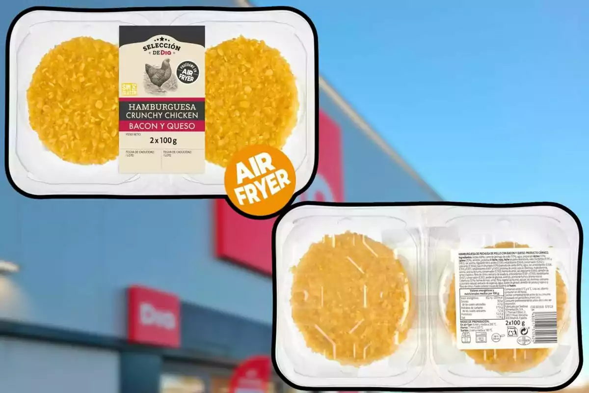 Paquet d'hamburgueses de pollastre cruixent amb bacó i formatge, aptes per a fregidora d'aire, de la marca Selecció de Dia, amb un pes net de 2x100g. Paquet d'hamburgueses de pollastre cruixent amb bacó i formatge, aptes per a fregidora d'aire, de la marca Selecció de Dia, amb un pes net de 2x100g.