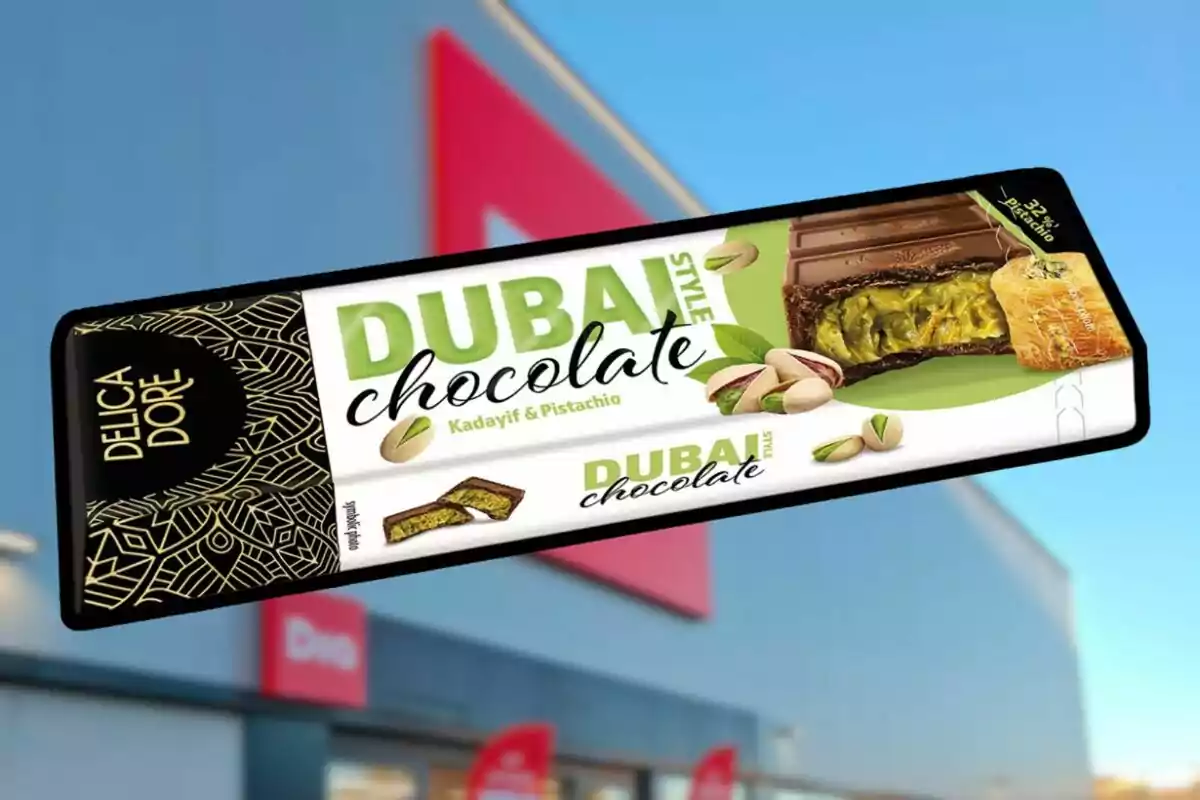 Una barra de xocolata estil Dubai amb gust de kadaif i festuc de la marca Delica Dore, amb un fons de cel blau i un edifici borros. Una barra de xocolata estil Dubai amb gust de kadaif i festuc de la marca Delica Dore, amb un fons de cel blau i un edifici borros.