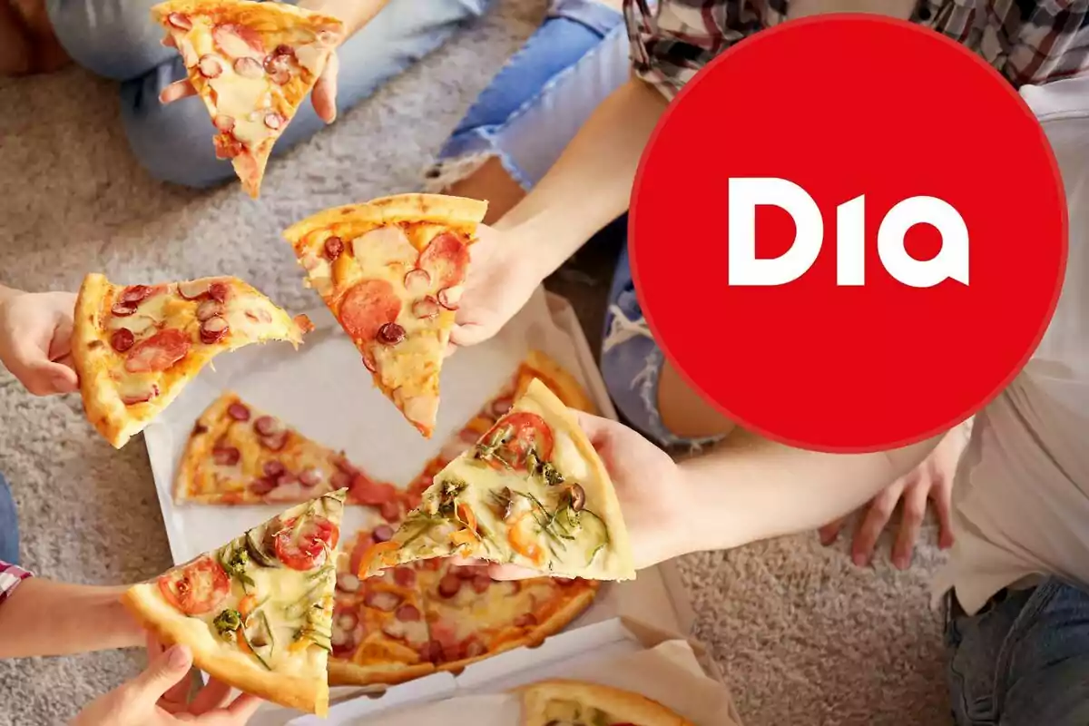Persones compartint llesques de pizza sobre una catifa amb un logotip vermell de Dia a la cantonada.