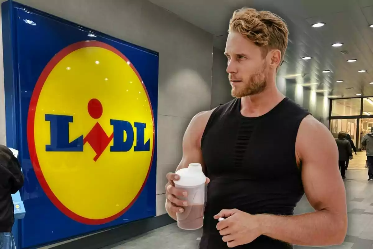 A man in a tank top holds a smoothie in front of a Lidl sign in a shopping mall. A man in a tank top holds a smoothie in front of a Lidl sign in a shopping mall.