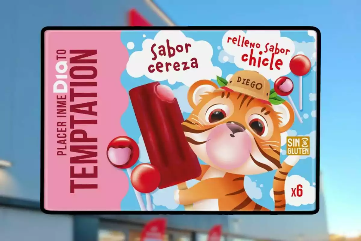 Cartell publicitari de gelat de gust de cirera amb farcit de xiclet, il·lustració d’un tigre amb gorra i bombolla de xiclet, embalatge sense gluten i presentació de sis peces Cartell publicitari de gelat de gust de cirera amb farcit de xiclet, il·lustració d’un tigre amb gorra i bombolla de xiclet, embalatge sense gluten i presentació de sis peces
