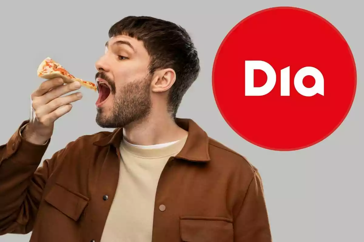Home jove a punt de menjar-se una porció de pizza amb un logotip vermell de Dia al seu costat Home jove a punt de menjar-se una porció de pizza amb un logotip vermell de Dia al seu costat