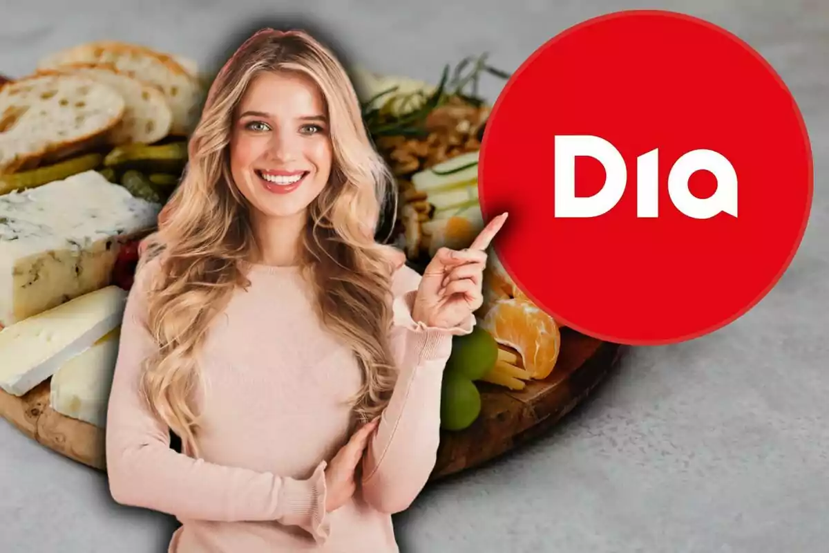 Una dona somrient assenyala un logotip vermell de "Dia" amb una taula de formatges i fruites de fons.