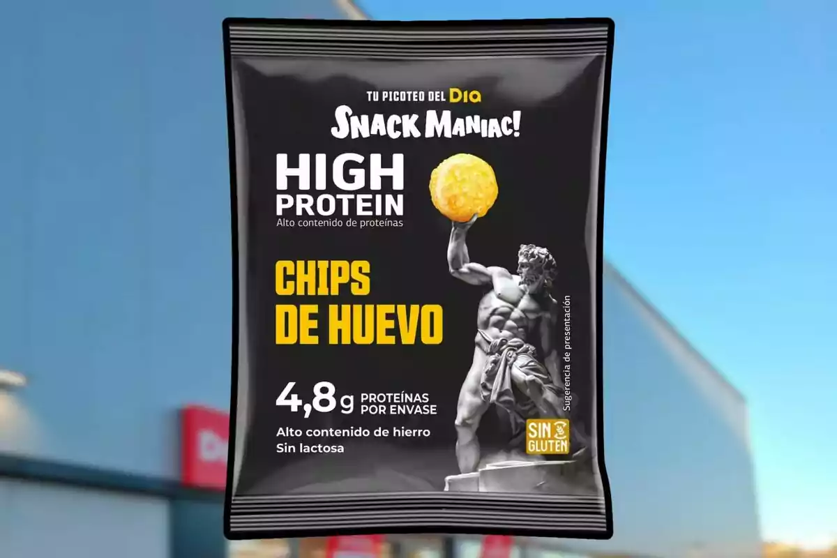 Bossa de xips d'ou amb alt contingut de proteïnes i sense gluten de la marca Snack Maniac. Bossa de xips d'ou amb alt contingut de proteïnes i sense gluten de la marca Snack Maniac.