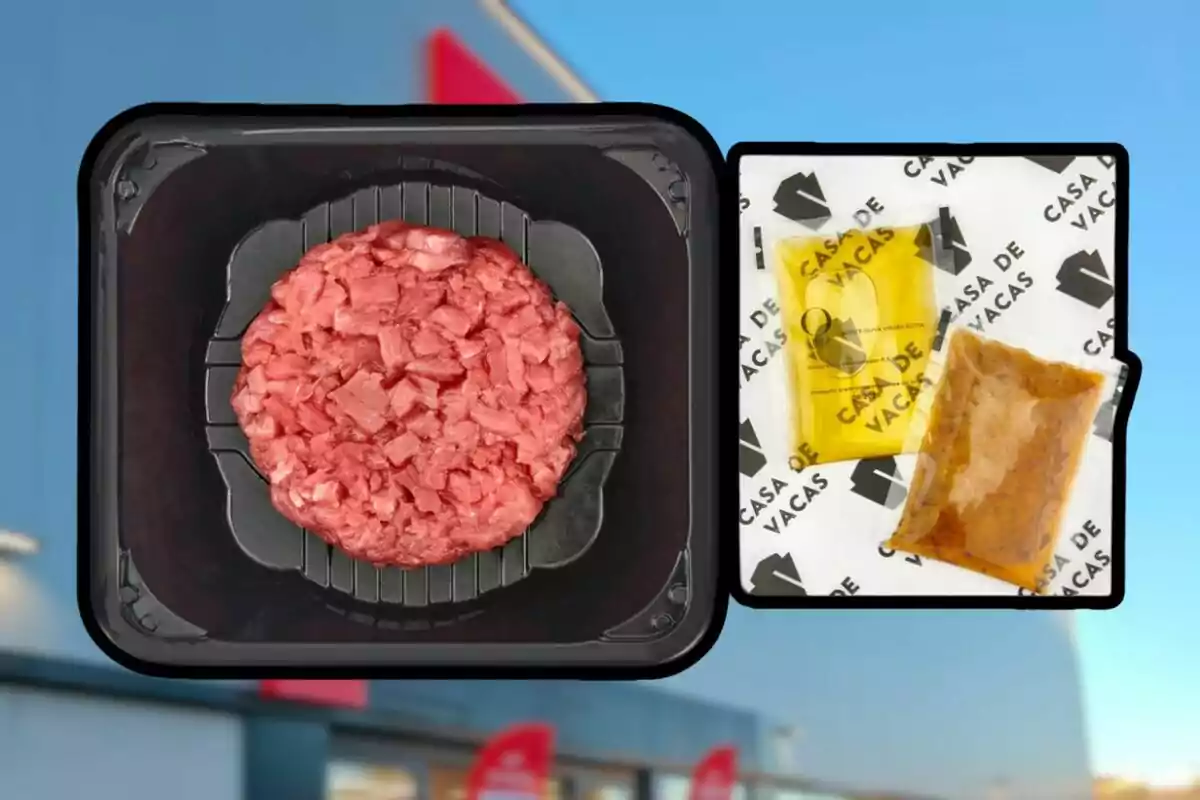 Imatge d'un paquet de carn picada en un envàs negre al costat de dos sobres de condiments sobre un fons amb logotips de Imatge d'un paquet de carn picada en un envàs negre al costat de dos sobres de condiments sobre un fons amb logotips de