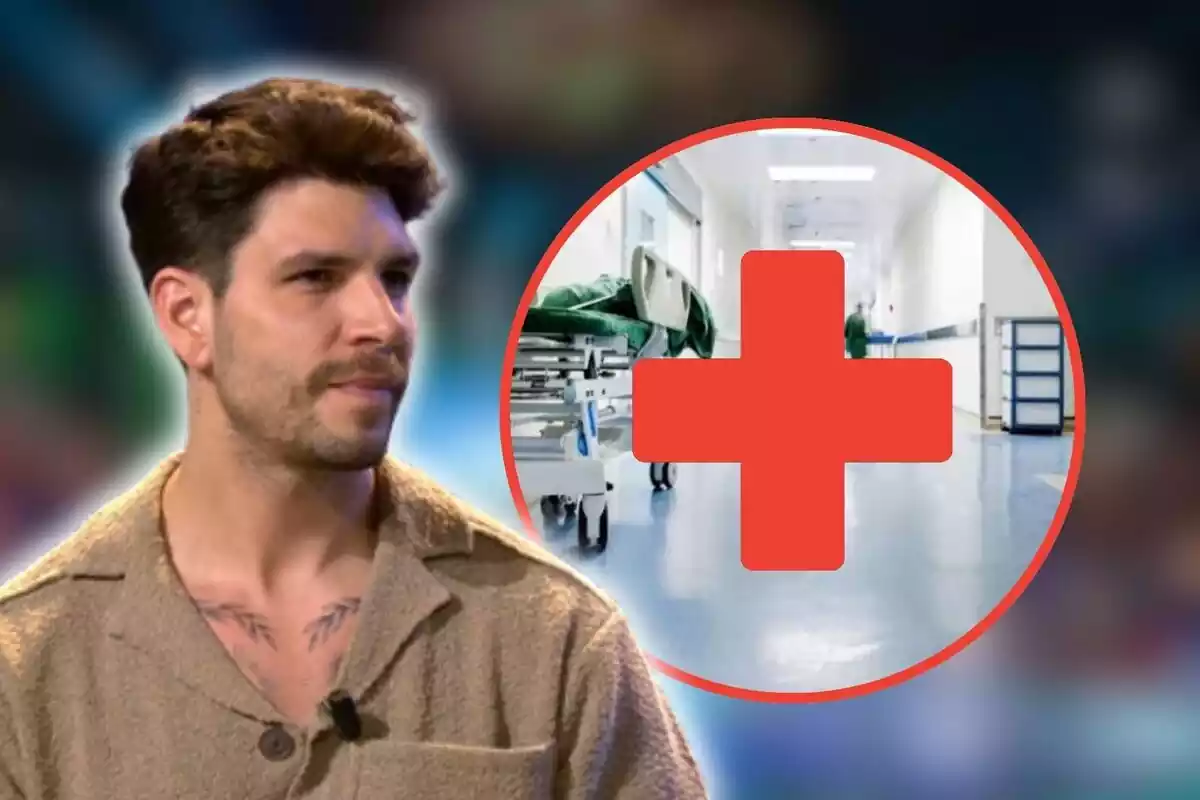 Diego Matamoros amb un muntatge en forma de cercle d'una imatge d'un hospital i una creu vermella