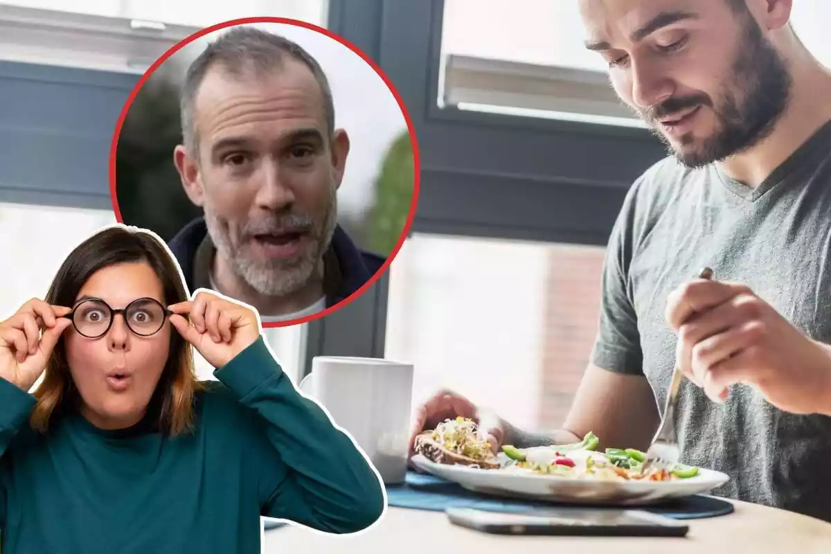 Imatge de fons d´una persona menjant un plat amb diversos aliments, a més d´una imatge del doctor Xand van Tulleken i una altra d´una dona amb gest sorprès