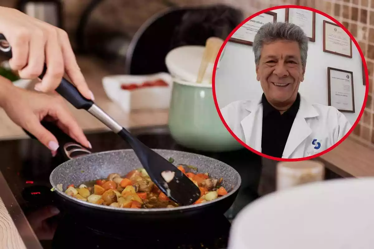 Imatge de fons d'una persona cuinant verdures en una paella i una altra imatge del doctor Rafael Gómez i Blasco