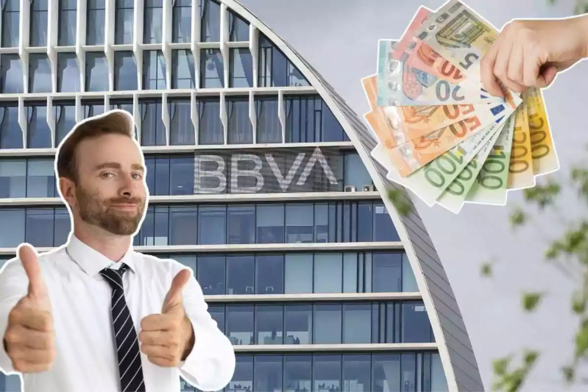 Muntatge amb una imatge de fons d'un edifici del BBVA i una imatge de molts bitllets d'euro en una mà i una persona amb gest d'aprovació