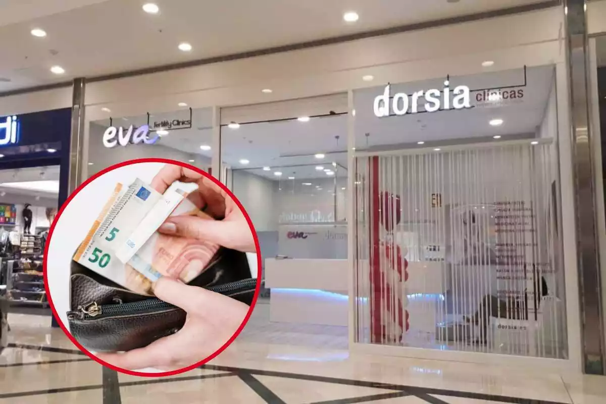 Muntatge amb clínica Dorsia i cercle vermell amb persona subjectant moneder amb bitllets d'euro