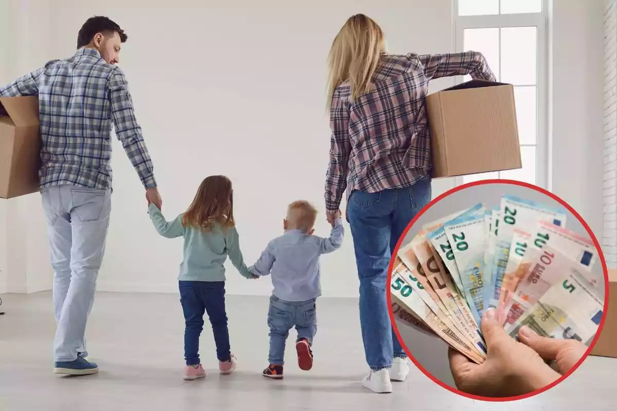 Imatge de fons d´una família amb dos fills d´esquena i amb caixes, i una altra imatge d´una mà amb bitllets d´euros