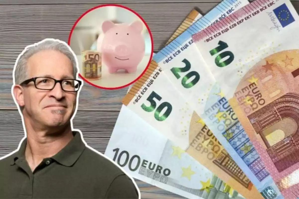 Imatge de fons de diversos bitllets d'euros sobre una taula, amb una altra imatge d'un home en primer pla amb gest alegre i una altra d'una guardiola de porquet amb bitllets de 50 euros al costat