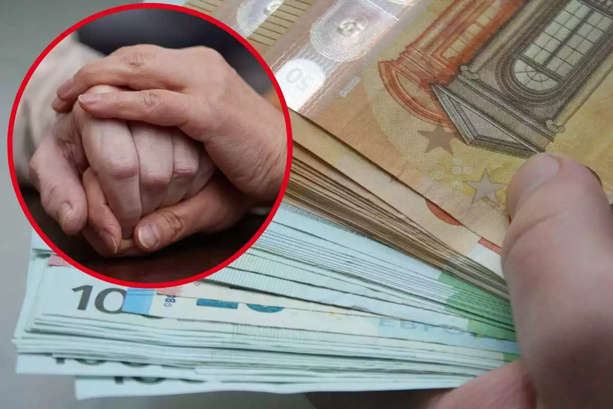 Imatge de fons de diversos bitllets d'euros i una altra imatge de dues persones agafant-se les mans